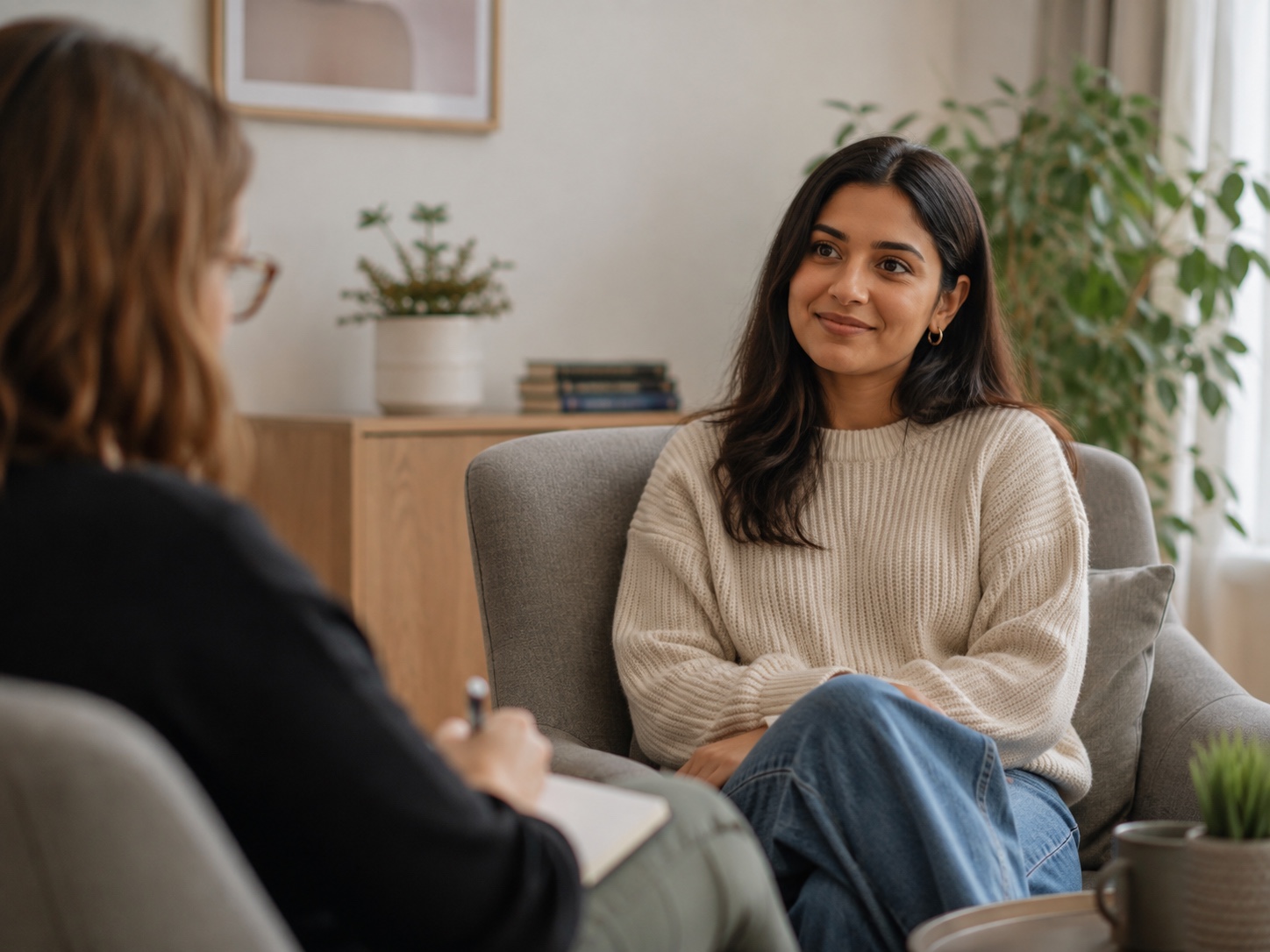 A counselling conversation in a calm, welcoming room