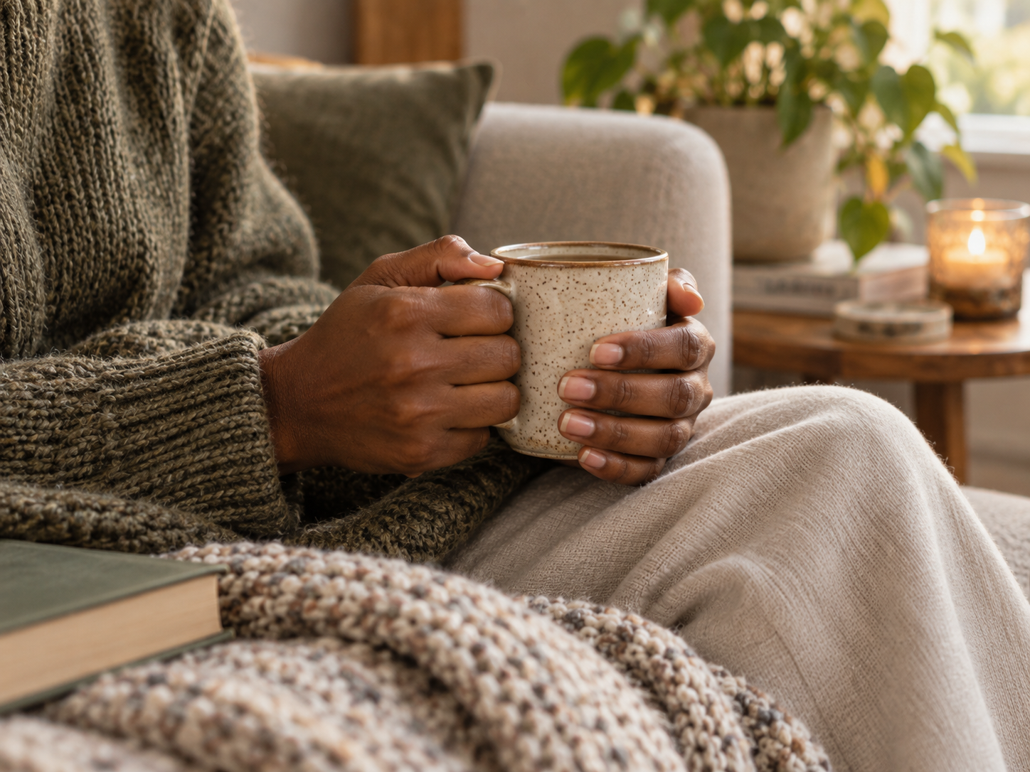 Hands holding a warm ceramic mug in a calm, cosy setting